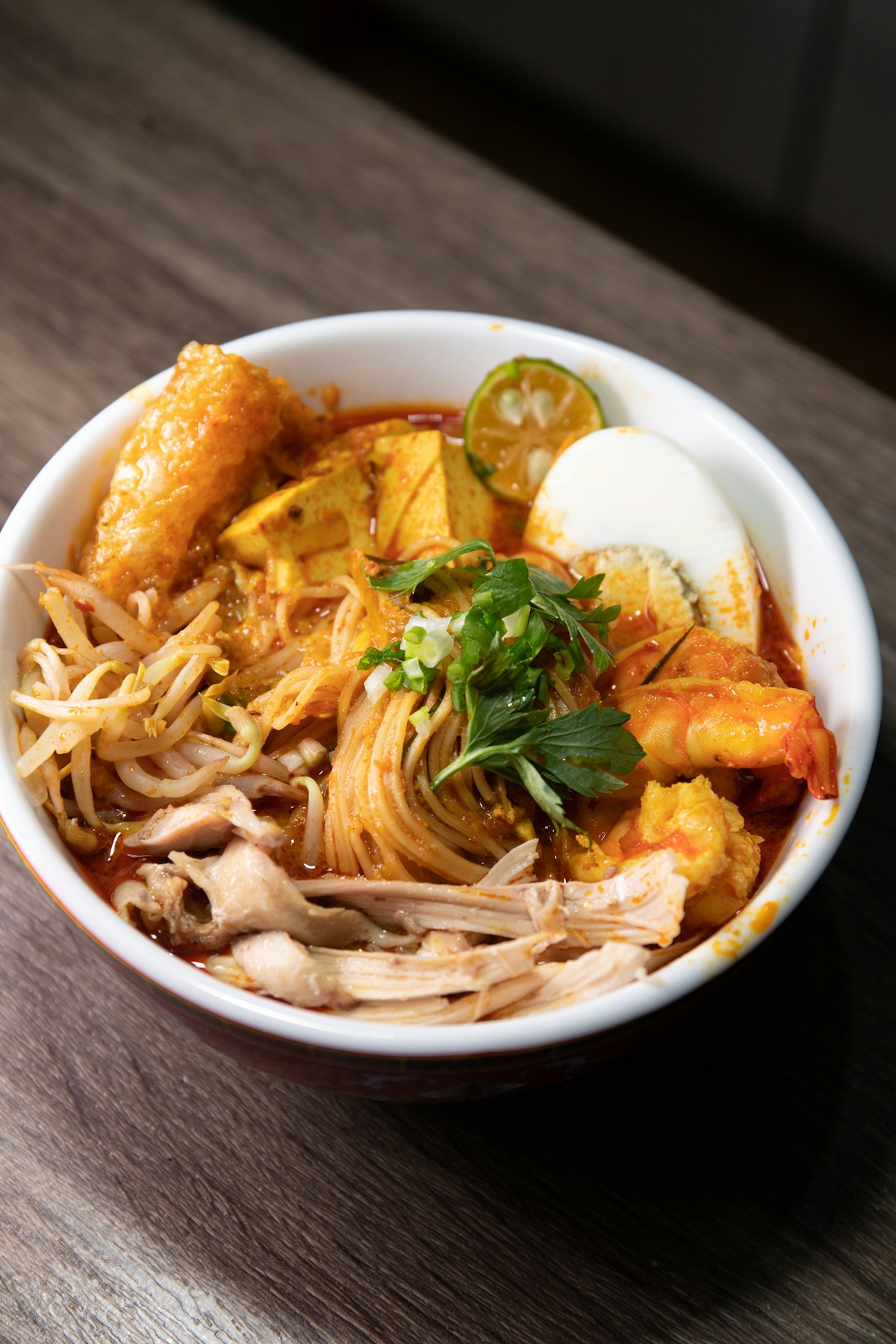 Bowl of noodles with meat and vegetables, Malaysian food, Ipoh