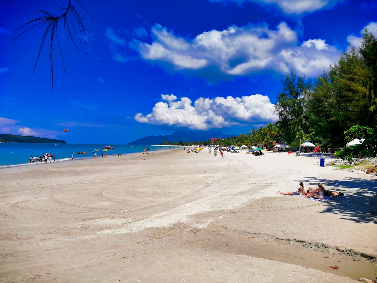 Batu Ferringhi beach in Penang with palm trees and calm water in the early morning