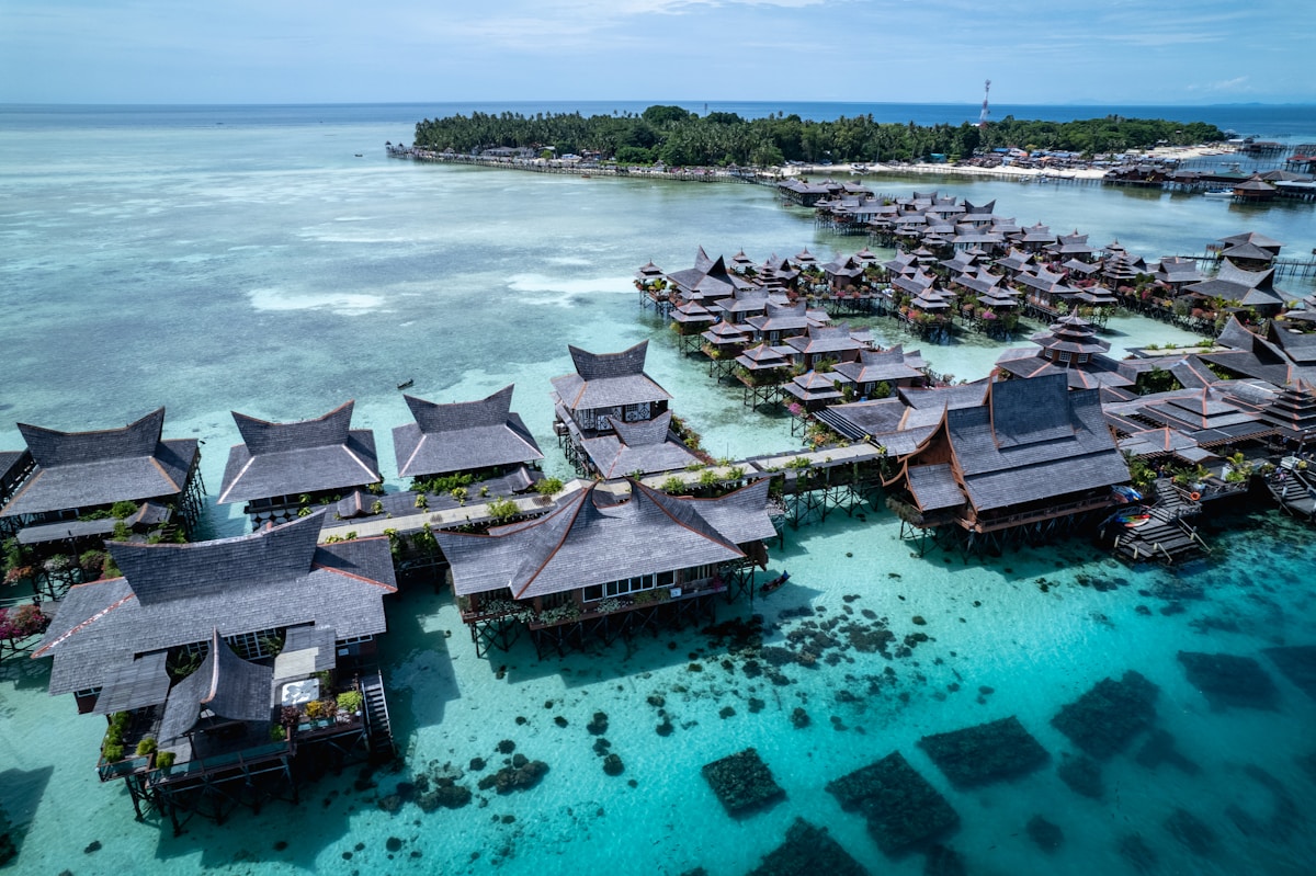 Aerial view of resort at Mabul Island, Semporna, Borneo, Malaysia in July